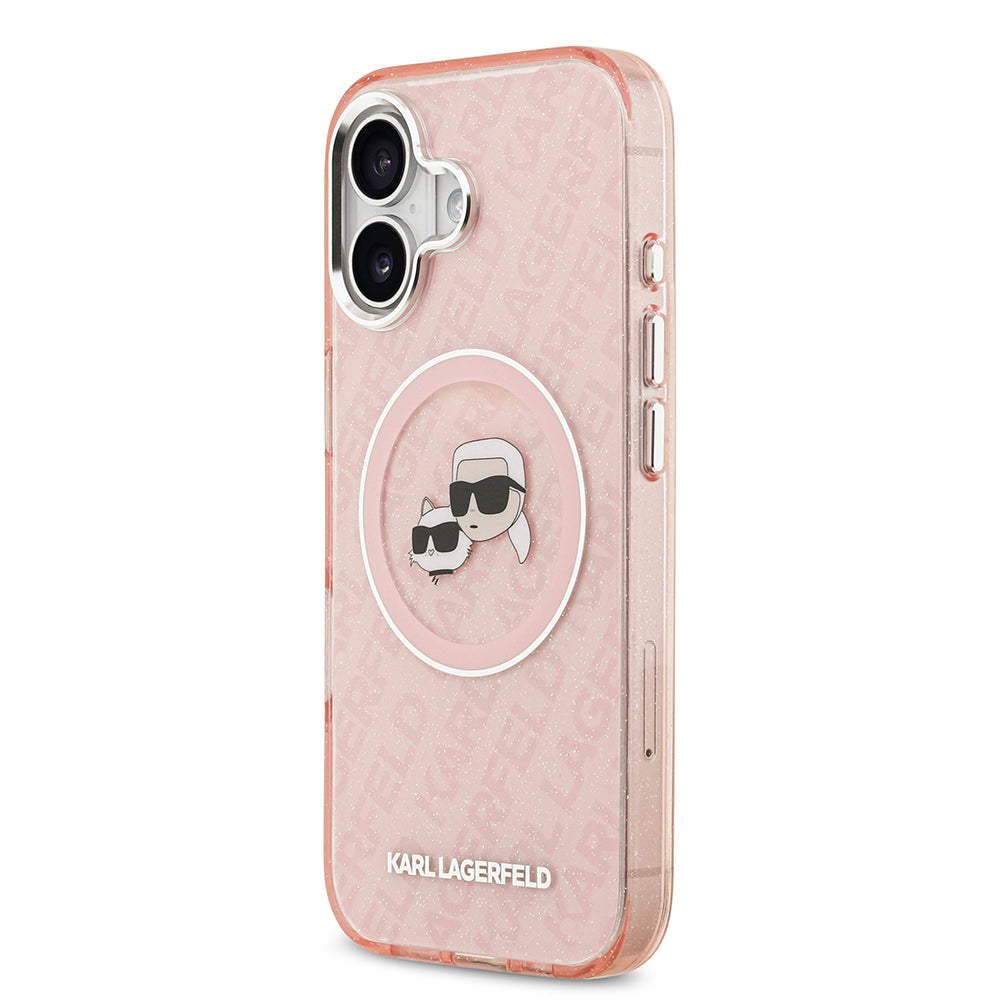 Apple iPhone 17 Kılıf Karl Lagerfeld Orjinal Lisanslı Parlayan Simli Karl & Choupette Heads Kapak Pembe