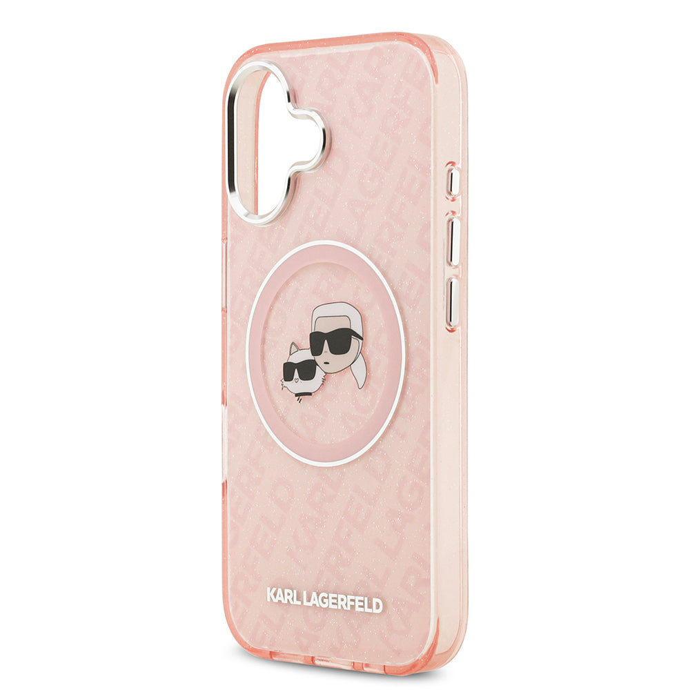 Apple iPhone 17 Kılıf Karl Lagerfeld Orjinal Lisanslı Parlayan Simli Karl & Choupette Heads Kapak Pembe