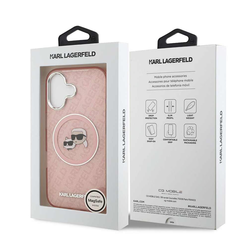 Apple iPhone 17 Kılıf Karl Lagerfeld Orjinal Lisanslı Parlayan Simli Karl & Choupette Heads Kapak Pembe