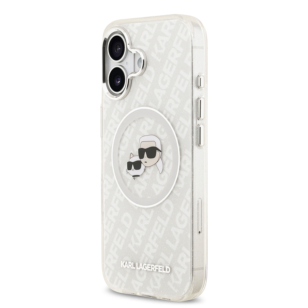Apple iPhone 17 Kılıf Karl Lagerfeld Orjinal Lisanslı Parlayan Simli Karl & Choupette Heads Kapak Gri