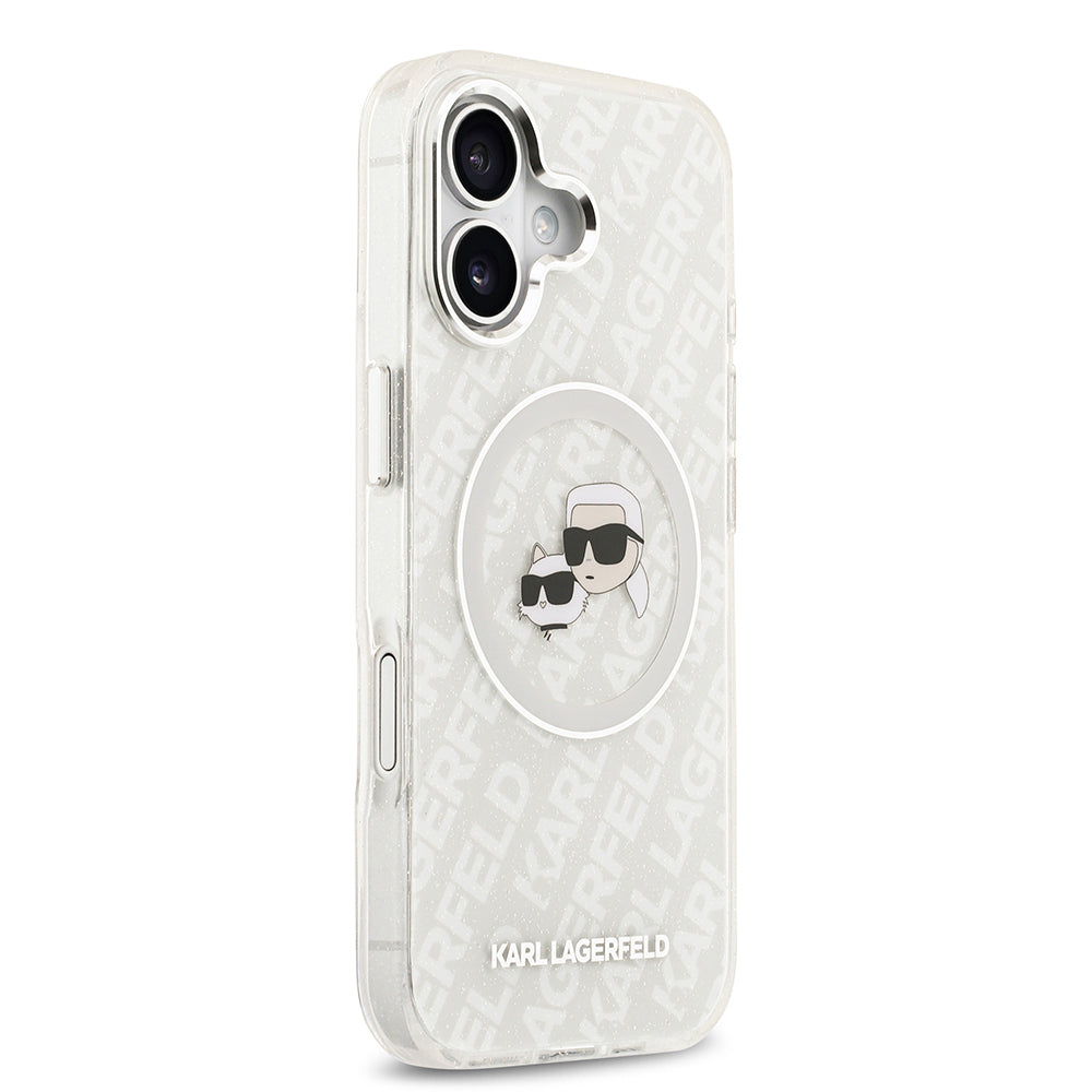 Apple iPhone 17 Kılıf Karl Lagerfeld Orjinal Lisanslı Parlayan Simli Karl & Choupette Heads Kapak Gri