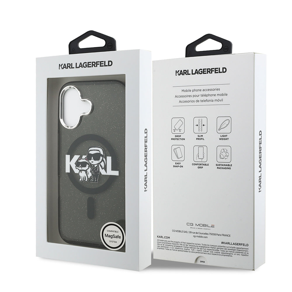 Apple iPhone 17 Kılıf Karl Lagerfeld Orjinal Lisanslı Parlayan Simli Karl & Choupette Sketch Logo Kapak Siyah