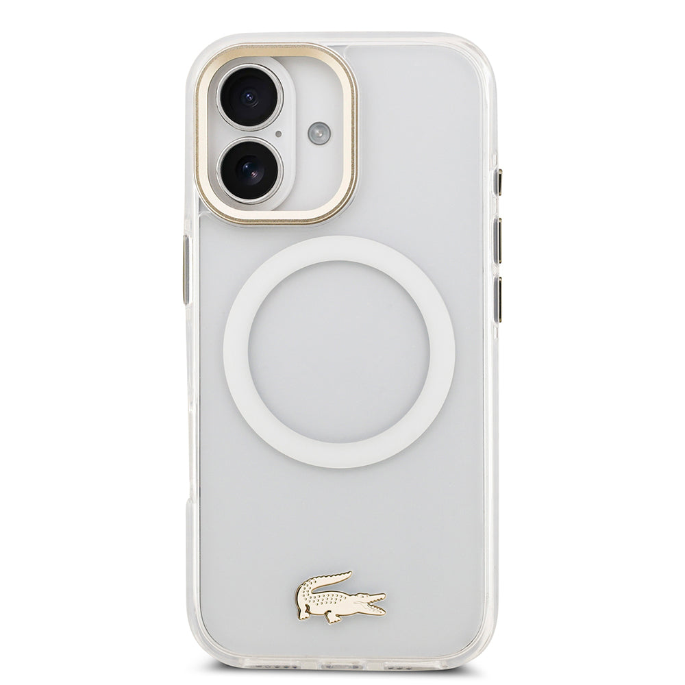 Apple iPhone 17 Kılıf Lacoste Orjinal Lisanslı M-safe Şarj Özellikli Gold Timsah Logolu Buzlu Kapak Beyaz