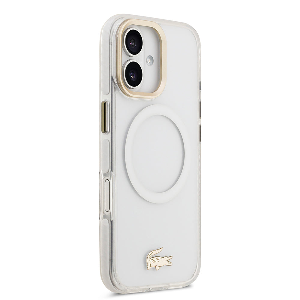 Apple iPhone 17 Kılıf Lacoste Orjinal Lisanslı M-safe Şarj Özellikli Gold Timsah Logolu Buzlu Kapak Beyaz