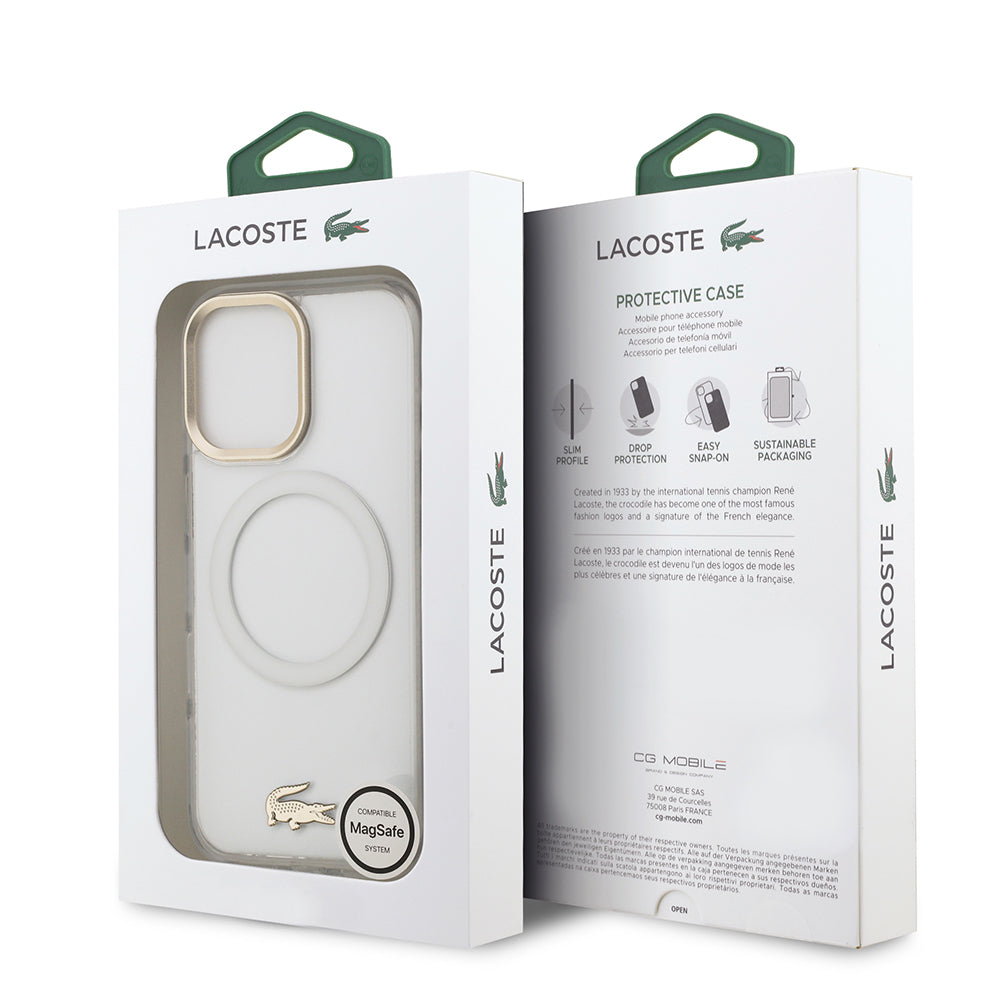 Apple iPhone 17 Kılıf Lacoste Orjinal Lisanslı M-safe Şarj Özellikli Gold Timsah Logolu Buzlu Kapak Beyaz