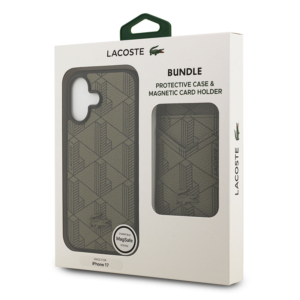 Apple iPhone 17 Kılıf Lacoste Orjinal Lisanslı M-safe Şarj Özellikli PU Deri Tasarımlı Kartlıklı Karışık Monogram Desenli Kapak Yeşil