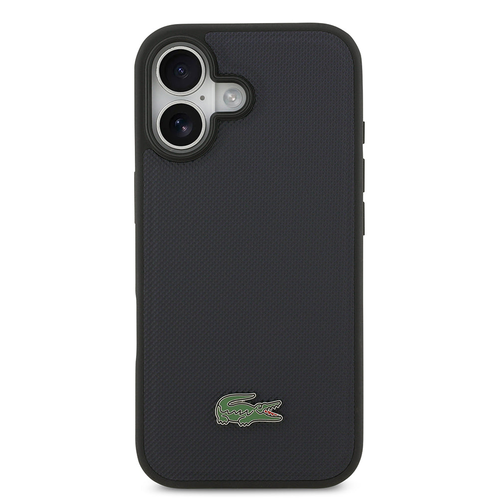 Apple iPhone 17 Kılıf Lacoste Orjinal Lisanslı M-safe Şarj Özellikli PU Pike Desenli Metal Logolu Kartlıklı Kapak Lacivert