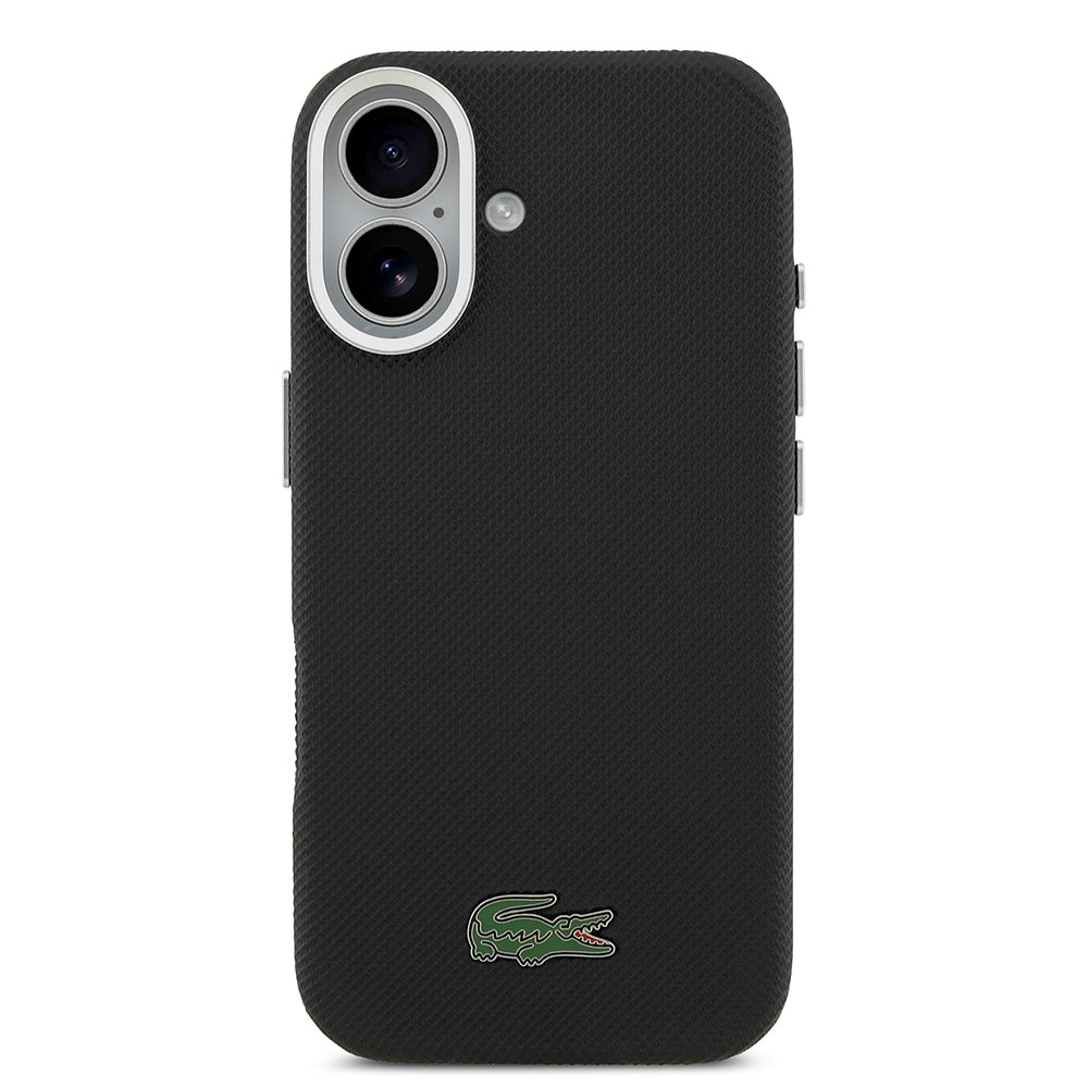 Apple iPhone 17 Kılıf Lacoste Orjinal Lisanslı M-Safe Şarj Özellikli PVC Pike Desenli Arka Yüzey İkonik Timsah Dokuma Logolu Kapak Siyah