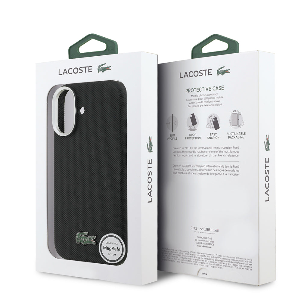 Apple iPhone 17 Kılıf Lacoste Orjinal Lisanslı M-Safe Şarj Özellikli PVC Pike Desenli Arka Yüzey İkonik Timsah Dokuma Logolu Kapak Siyah
