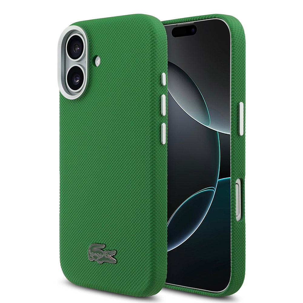 Apple iPhone 17 Kılıf Lacoste Orjinal Lisanslı M-Safe Şarj Özellikli PVC Pike Desenli Arka Yüzey İkonik Timsah Dokuma Logolu Kapak Yeşil