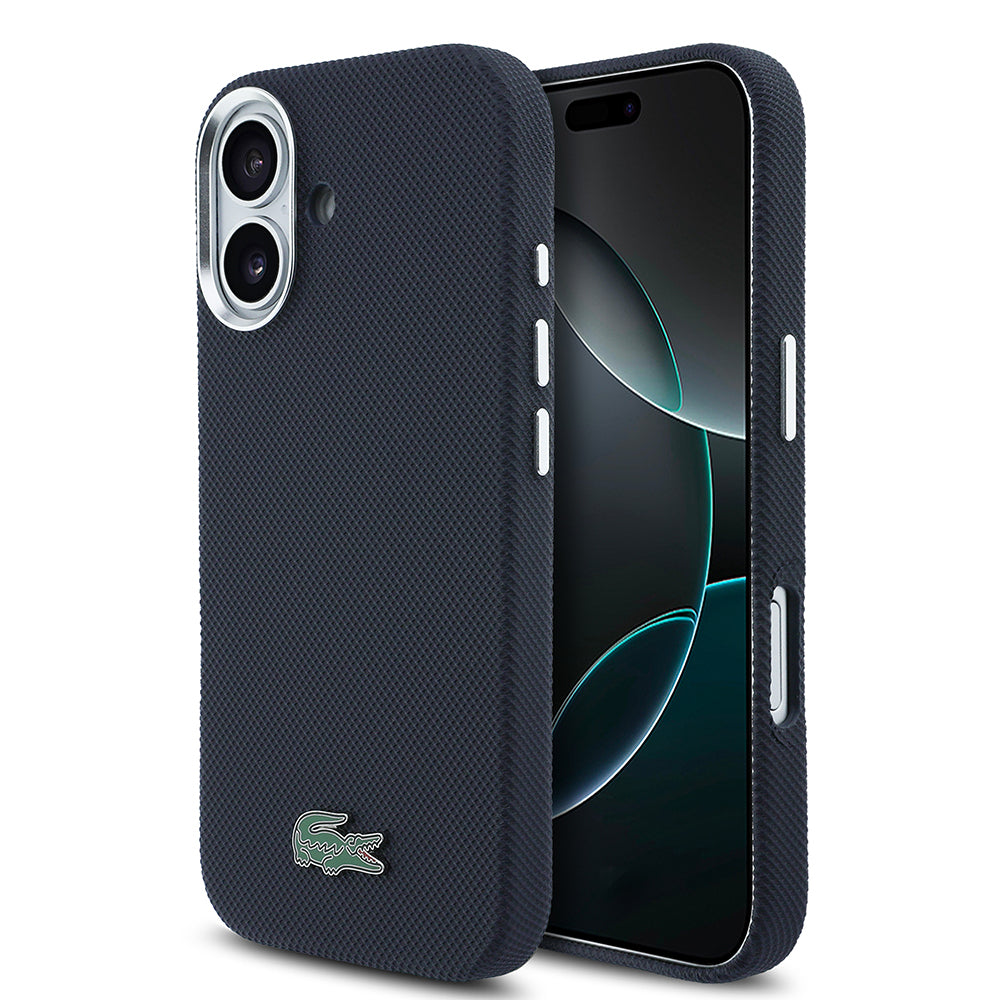 Apple iPhone 17 Kılıf Lacoste Orjinal Lisanslı M-Safe Şarj Özellikli PVC Pike Desenli Arka Yüzey İkonik Timsah Dokuma Logolu Kapak Lacivert