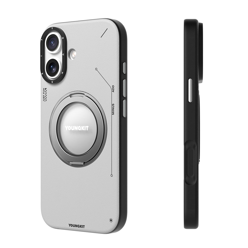 Apple iPhone 17 Kılıf M-safe Şarj Özellikli 360 Derece Standlı Basit Mat Deri Desenli Youngkit Tech Leather Serisi Kapak Gri