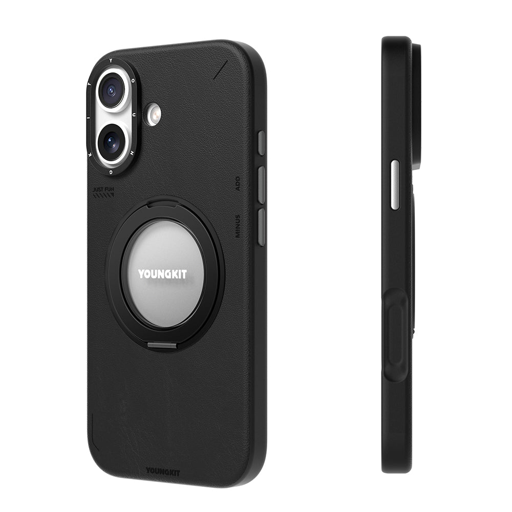 Apple iPhone 17 Kılıf M-safe Şarj Özellikli 360 Derece Standlı Basit Mat Deri Desenli Youngkit Tech Leather Serisi Kapak Siyah