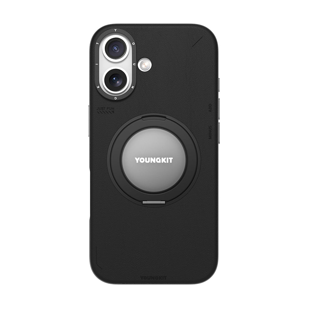 Apple iPhone 17 Kılıf M-safe Şarj Özellikli 360 Derece Standlı Basit Mat Deri Desenli Youngkit Tech Leather Serisi Kapak Siyah