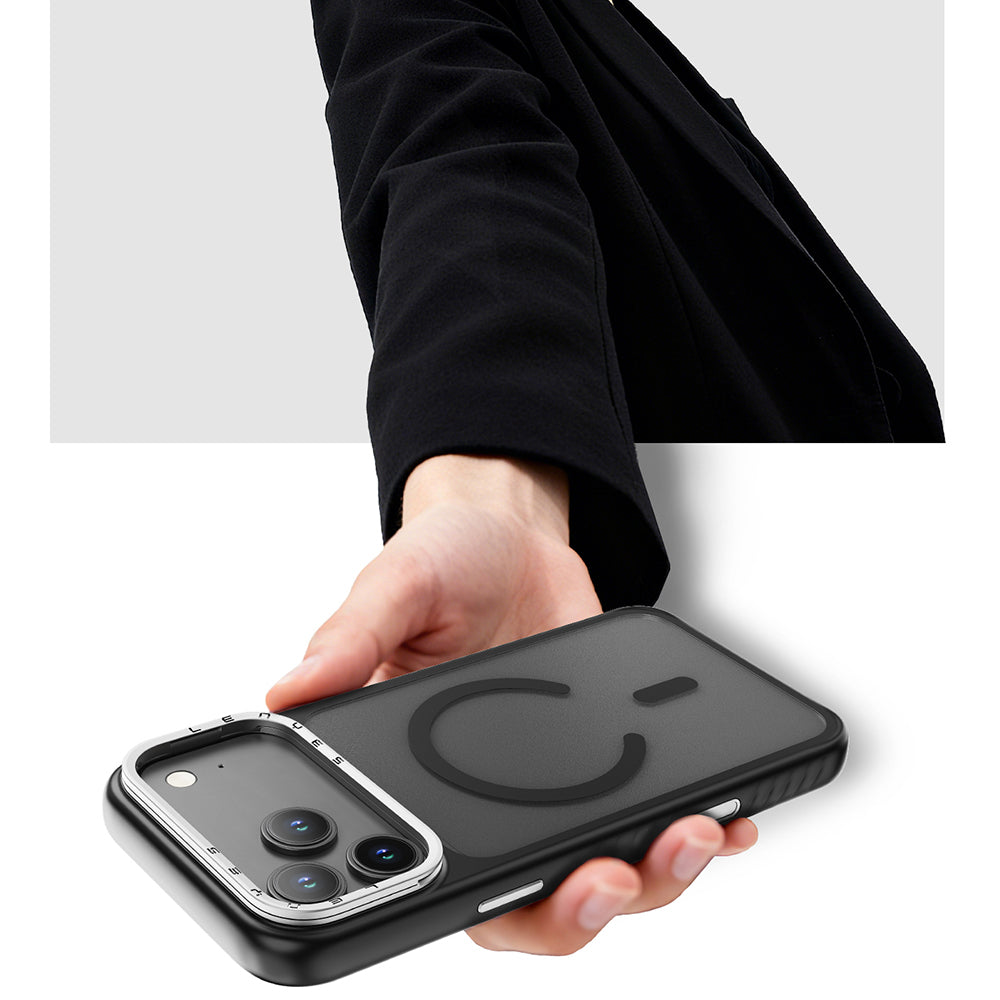 Apple iPhone 17 Kılıf M-safe Şarj Özellikli Metal Kamera Standlı Lenyes CK226 PC Kapak Siyah