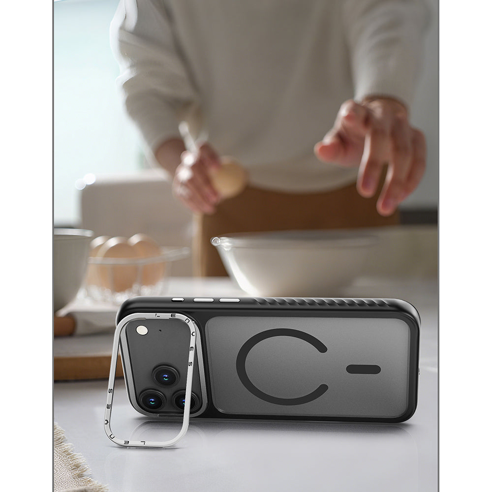 Apple iPhone 17 Kılıf M-safe Şarj Özellikli Metal Kamera Standlı Lenyes CK226 PC Kapak Siyah