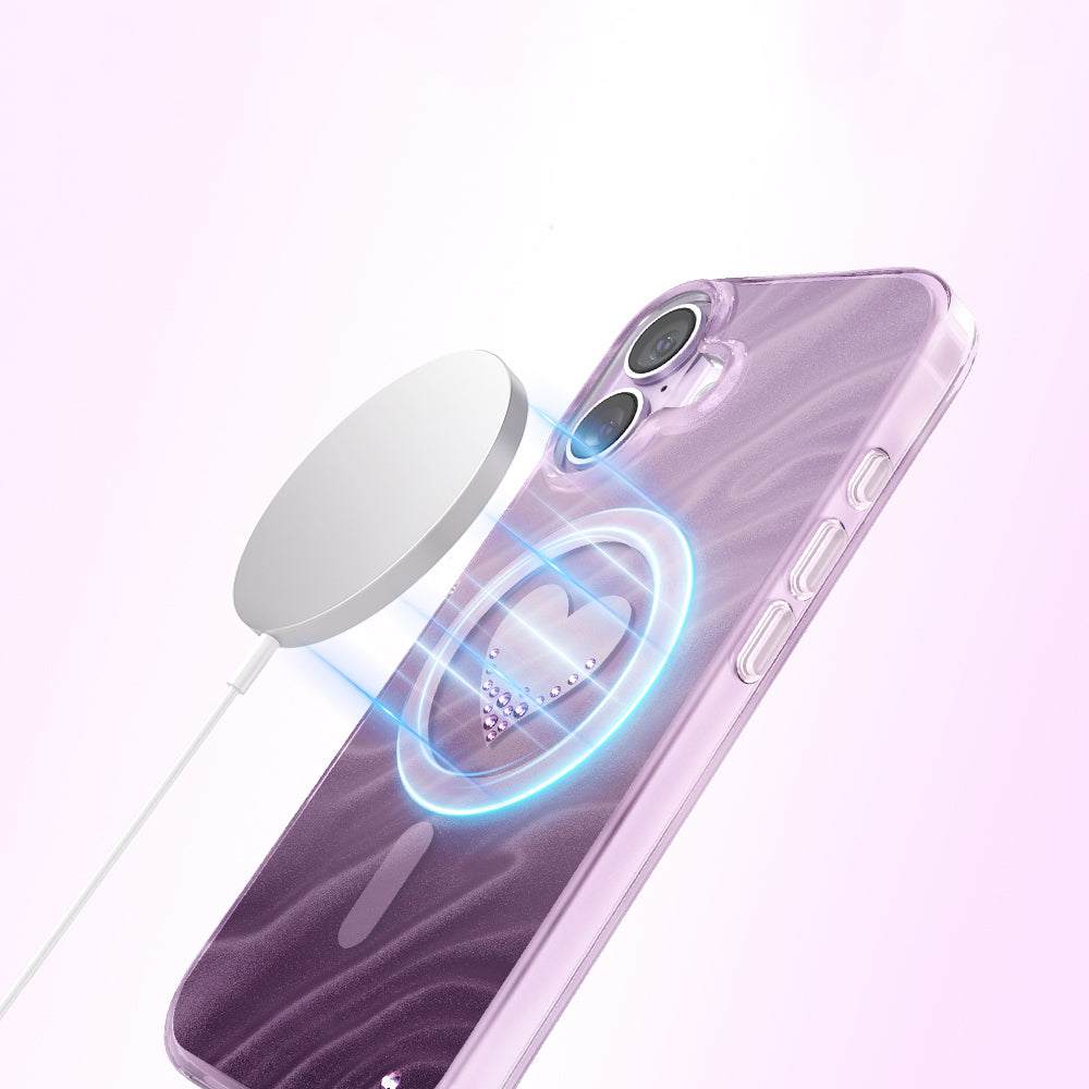 Apple iPhone 17 Kılıf M-Safe Şarj Özellikli Orjinal Swarovski Taşlı Zore Paris Rovix Sert PC Kapak Mor