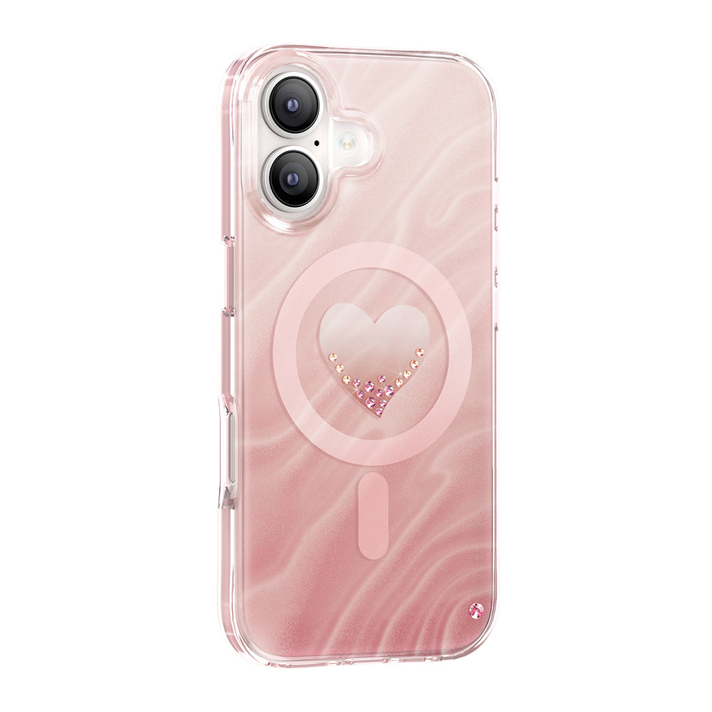 Apple iPhone 17 Kılıf M-Safe Şarj Özellikli Orjinal Swarovski Taşlı Zore Paris Rovix Sert PC Kapak Pembe