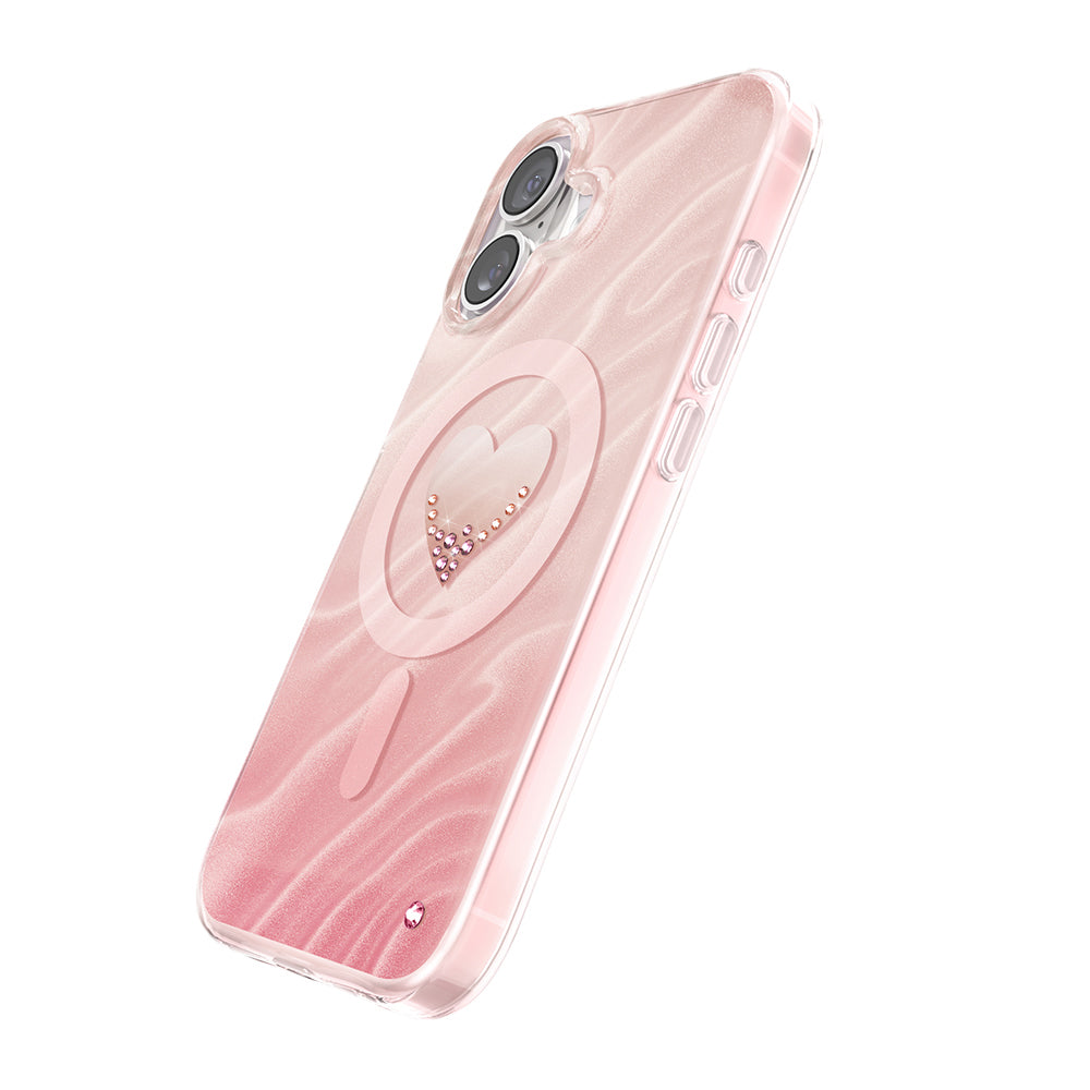 Apple iPhone 17 Kılıf M-Safe Şarj Özellikli Orjinal Swarovski Taşlı Zore Paris Rovix Sert PC Kapak Pembe