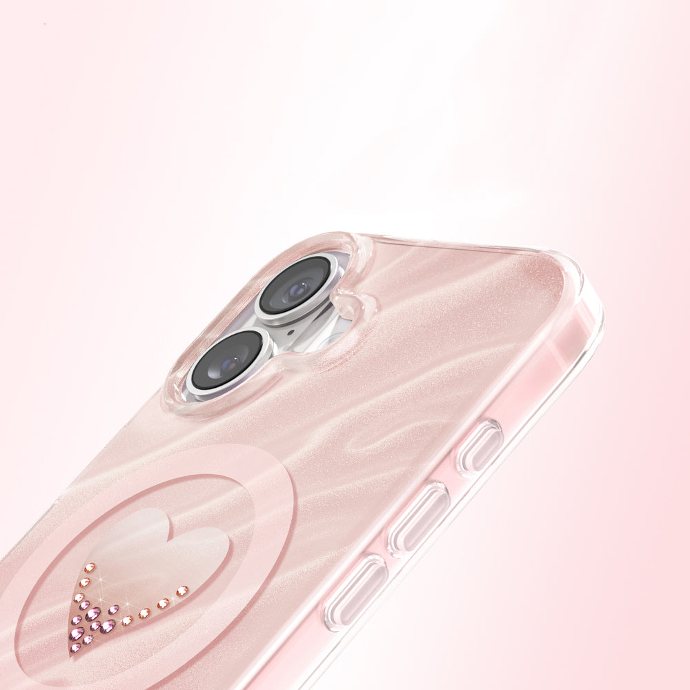 Apple iPhone 17 Kılıf M-Safe Şarj Özellikli Orjinal Swarovski Taşlı Zore Paris Rovix Sert PC Kapak Pembe