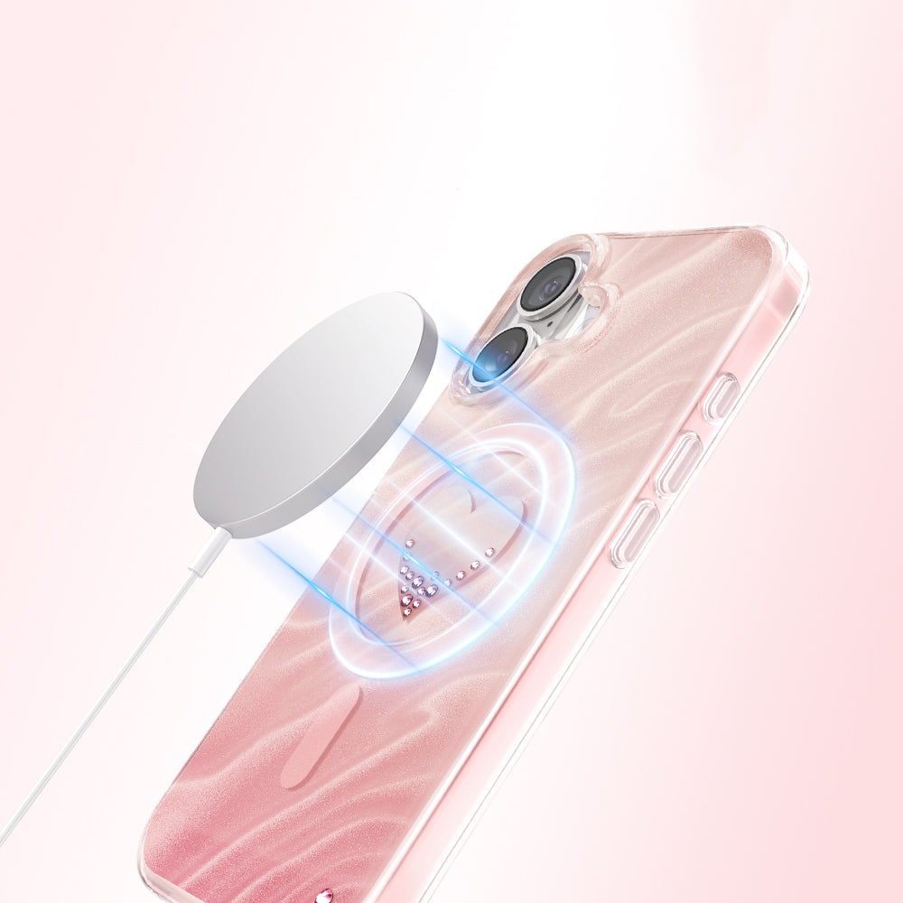 Apple iPhone 17 Kılıf M-Safe Şarj Özellikli Orjinal Swarovski Taşlı Zore Paris Rovix Sert PC Kapak Pembe
