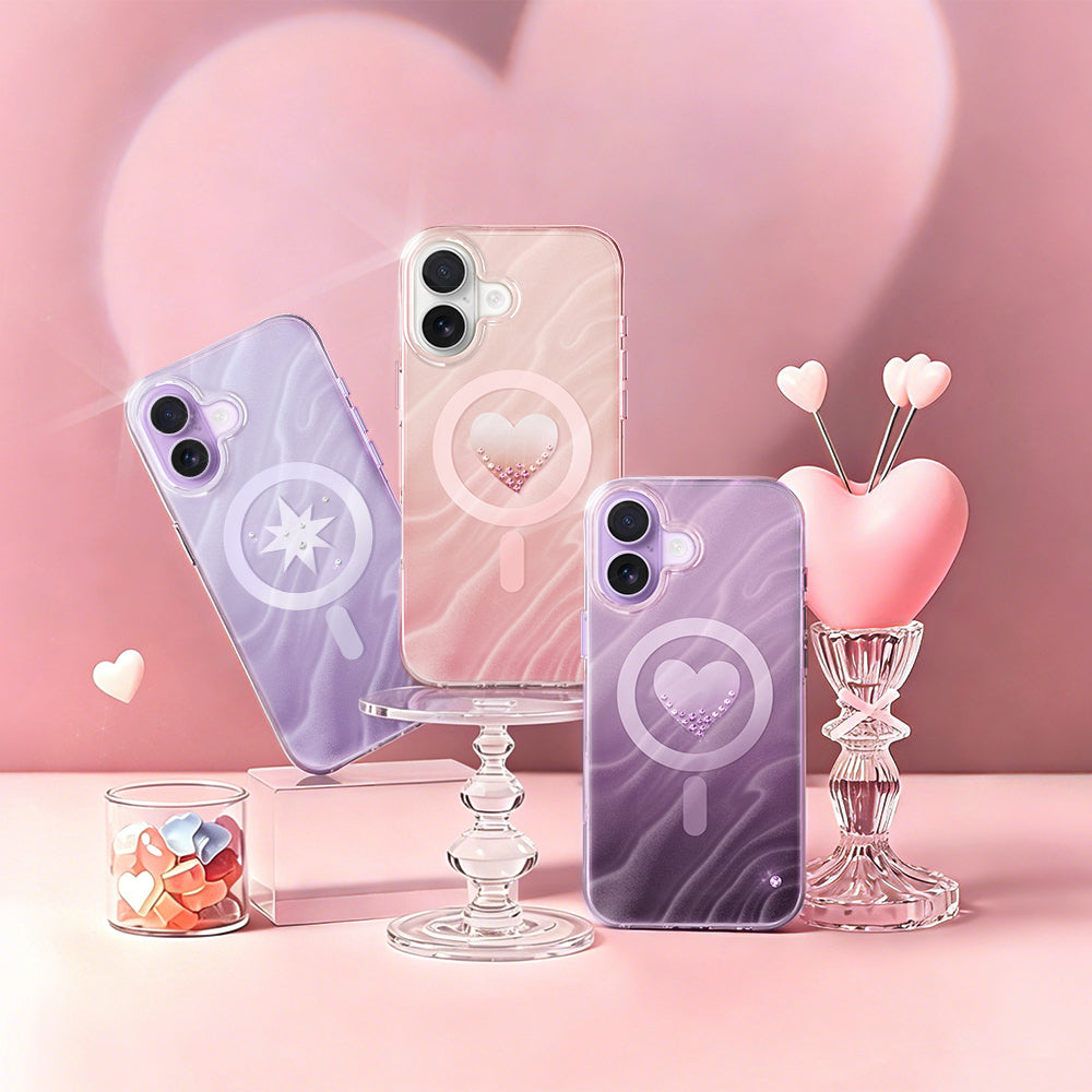 Apple iPhone 17 Kılıf M-Safe Şarj Özellikli Orjinal Swarovski Taşlı Zore Paris Rovix Sert PC Kapak Pembe