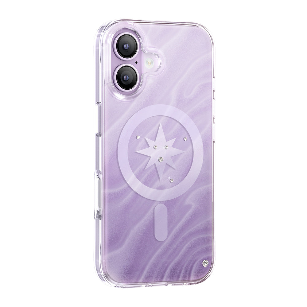Apple iPhone 17 Kılıf M-Safe Şarj Özellikli Orjinal Swarovski Taşlı Zore Paris Rovix Sert PC Kapak Açık Mor