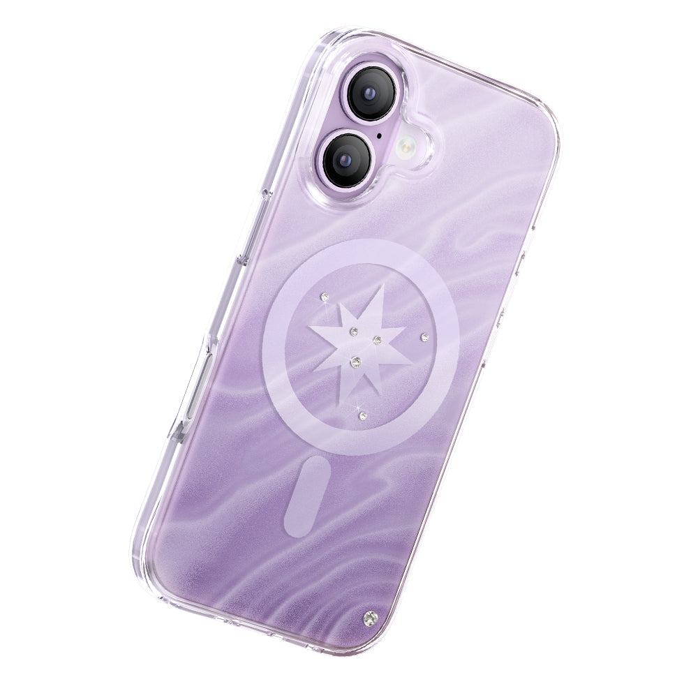 Apple iPhone 17 Kılıf M-Safe Şarj Özellikli Orjinal Swarovski Taşlı Zore Paris Rovix Sert PC Kapak Açık Mor