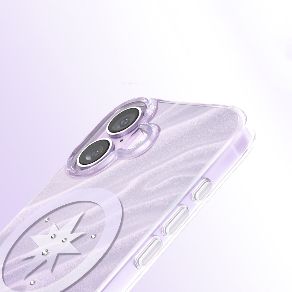 Apple iPhone 17 Kılıf M-Safe Şarj Özellikli Orjinal Swarovski Taşlı Zore Paris Rovix Sert PC Kapak Açık Mor