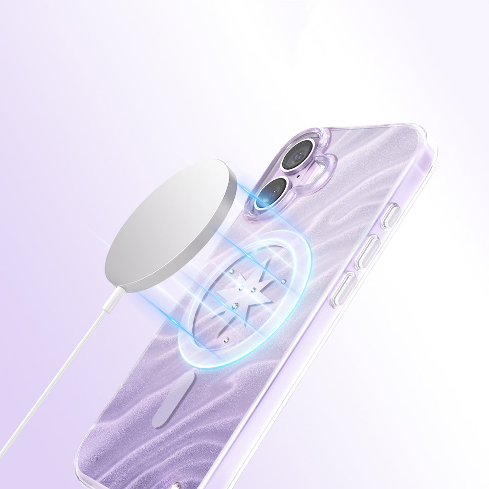 Apple iPhone 17 Kılıf M-Safe Şarj Özellikli Orjinal Swarovski Taşlı Zore Paris Rovix Sert PC Kapak Açık Mor