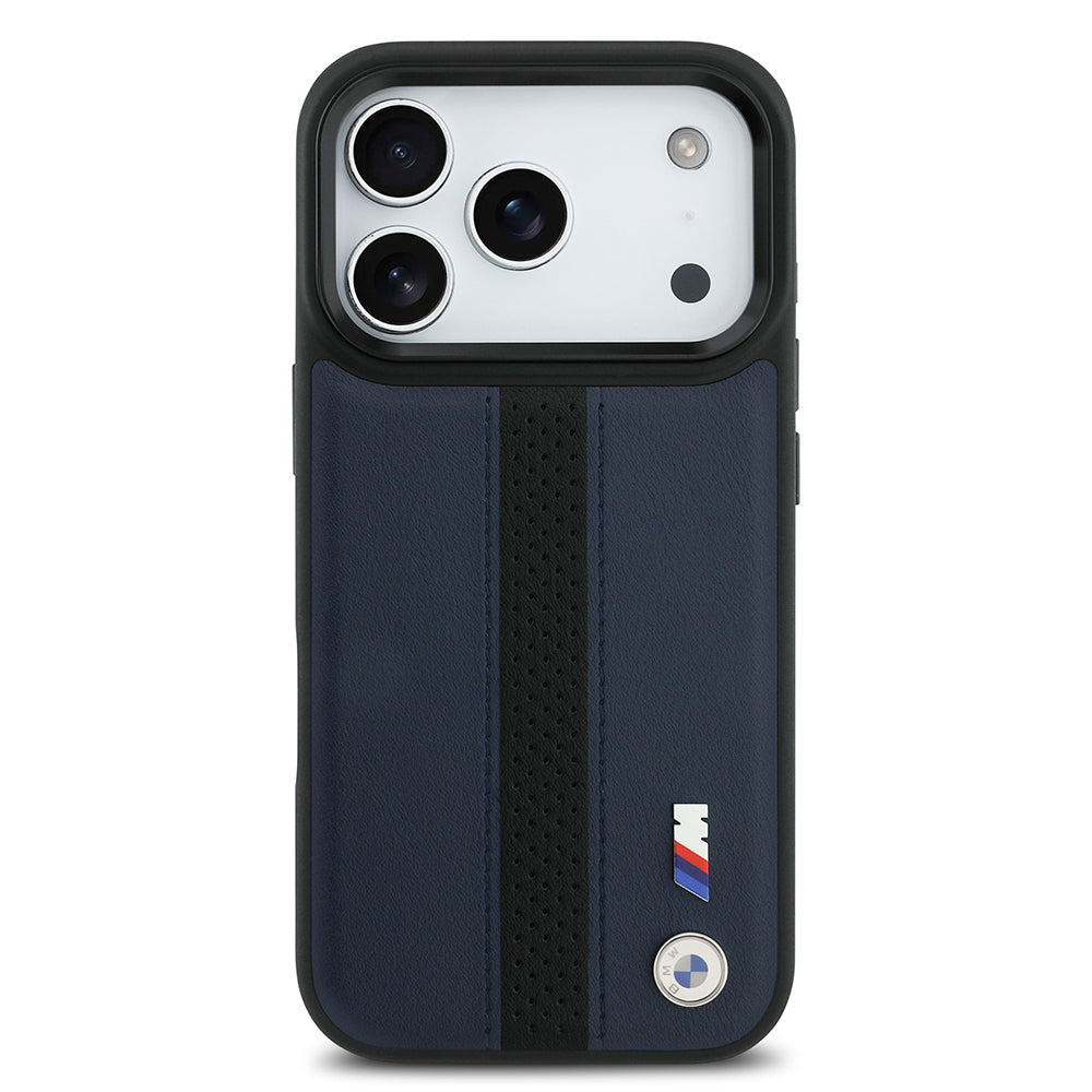 Apple iPhone 17 Pro Kılıf BMW Orjinal Lisanslı M-safe Şarj Özellikli Deri Arka Yüzey Metal Logolu Delikli Şerit Tasarımlı Kapak Mavi
