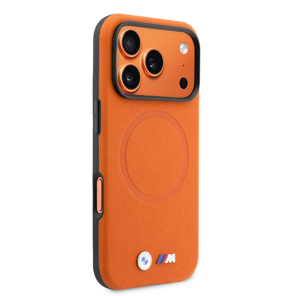 Apple iPhone 17 Pro Kılıf BMW Orjinal Lisanslı M-safe Şarj Özellikli Halka Tasarımlı M Logolu PU Deri Kapak Turuncu