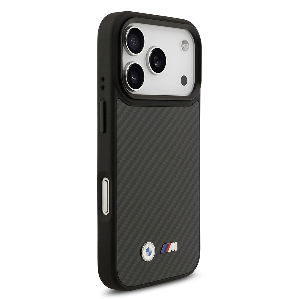 Apple iPhone 17 Pro Kılıf BMW Orjinal Lisanslı M-safe Şarj Özellikli Karbon Fiber Metal Logolu Kevlar Kapak Siyah