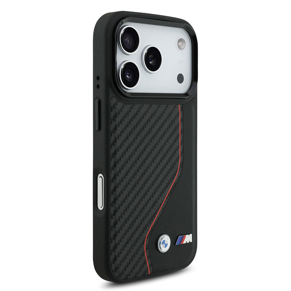 Apple iPhone 17 Pro Kılıf BMW Orjinal Lisanslı M-safe Şarj Özellikli Metal BMW ve M Logolu PU Karbon Tasarımlı Kapak Kırmızı