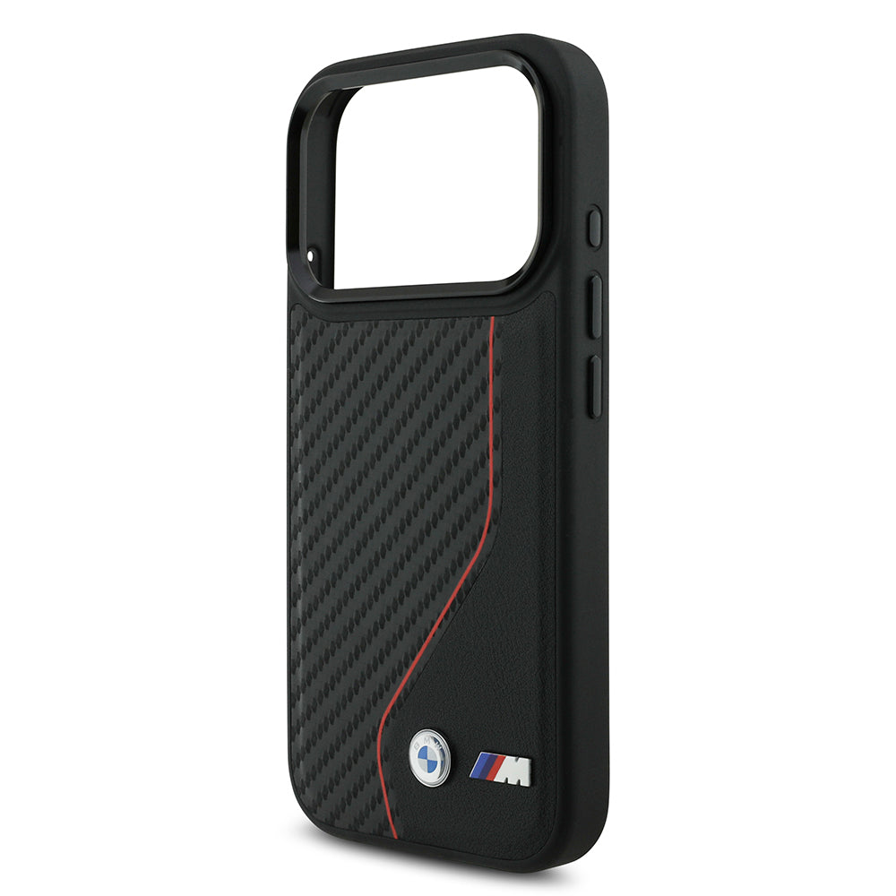 Apple iPhone 17 Pro Kılıf BMW Orjinal Lisanslı M-safe Şarj Özellikli Metal BMW ve M Logolu PU Karbon Tasarımlı Kapak Kırmızı