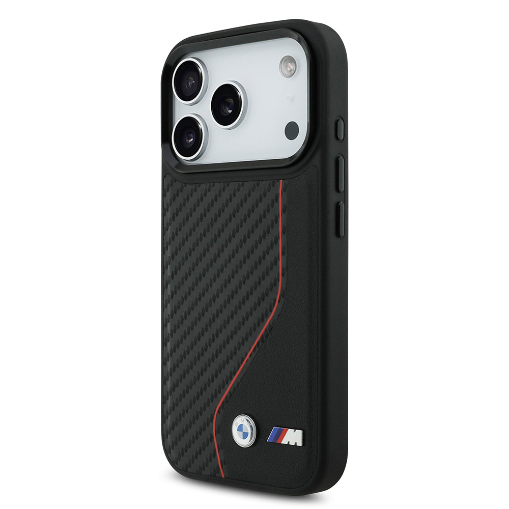 Apple iPhone 17 Pro Kılıf BMW Orjinal Lisanslı M-safe Şarj Özellikli Metal BMW ve M Logolu PU Karbon Tasarımlı Kapak Siyah