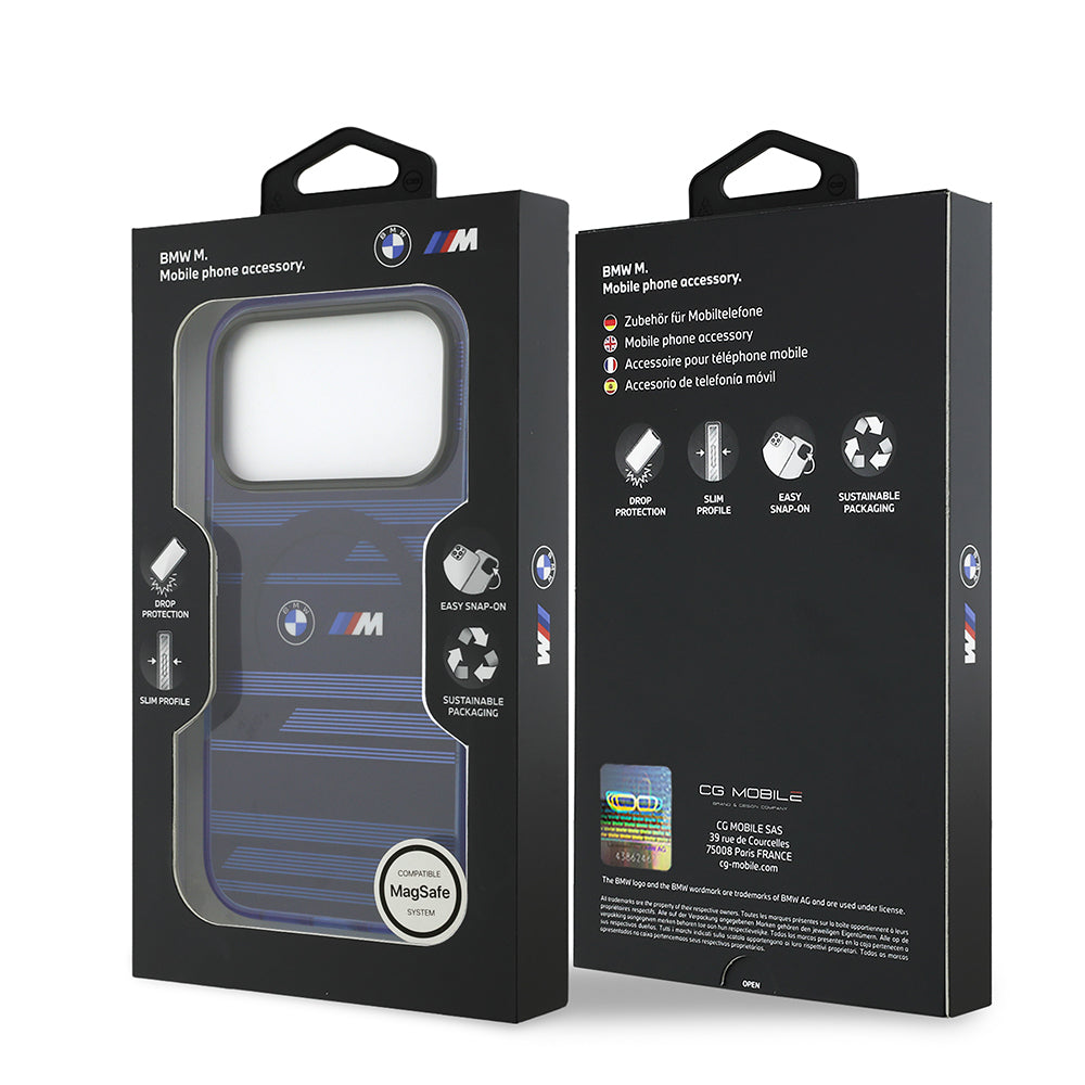 Apple iPhone 17 Pro Kılıf BMW Orjinal Lisanslı M-safe Şarj Özellikli Metal Kamera Butonlu Yatay Şeritli M Dizayn Kapak Mavi