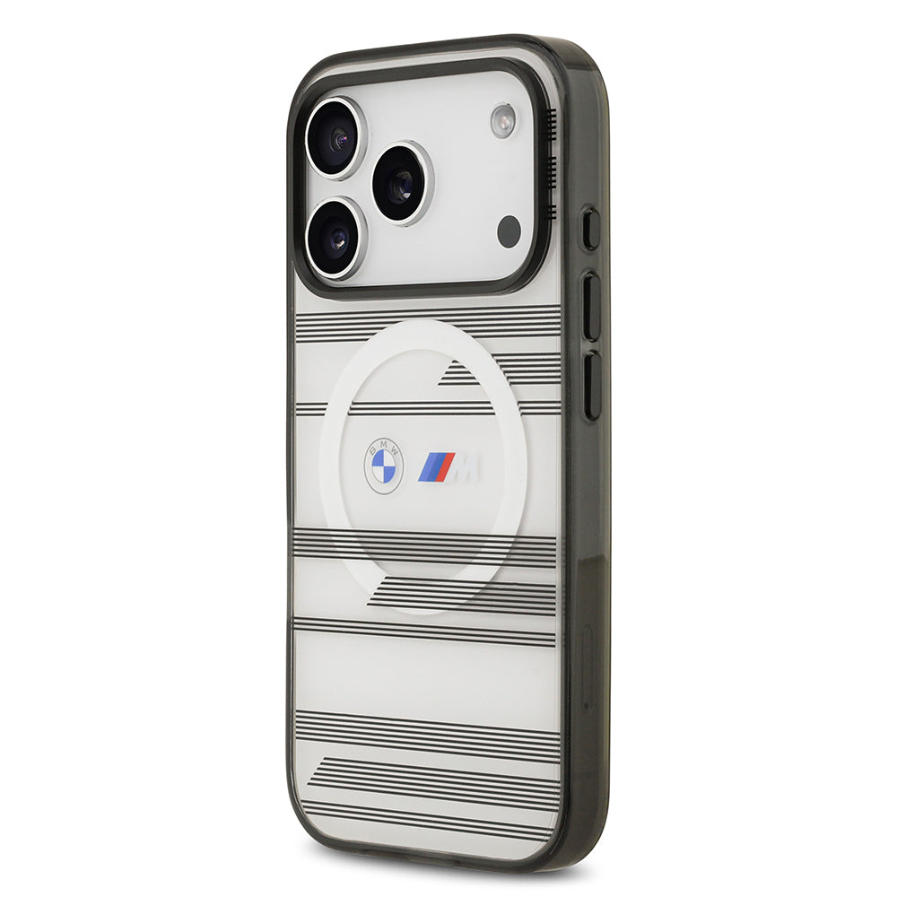 Apple iPhone 17 Pro Kılıf BMW Orjinal Lisanslı M-safe Şarj Özellikli Metal Kamera Butonlu Yatay Şeritli M Dizayn Kapak Gümüş