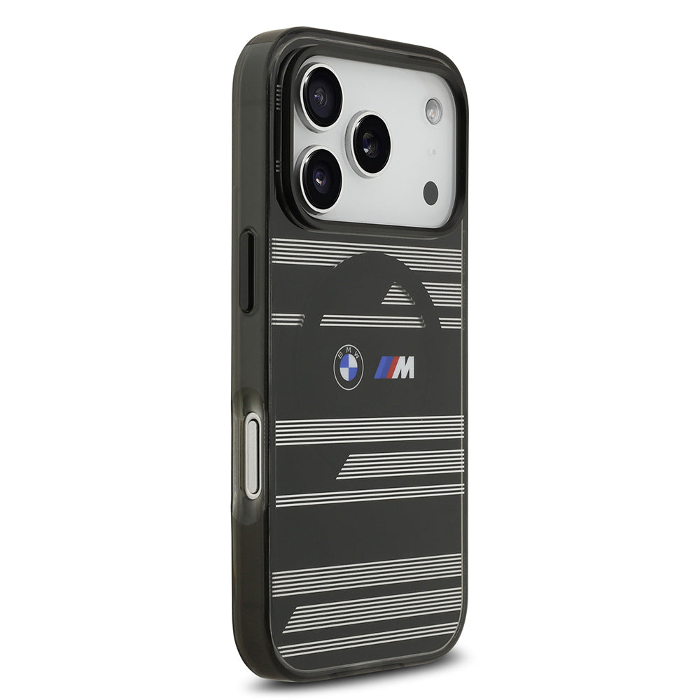 Apple iPhone 17 Pro Kılıf BMW Orjinal Lisanslı M-safe Şarj Özellikli Metal Kamera Butonlu Yatay Şeritli M Dizayn Kapak Siyah