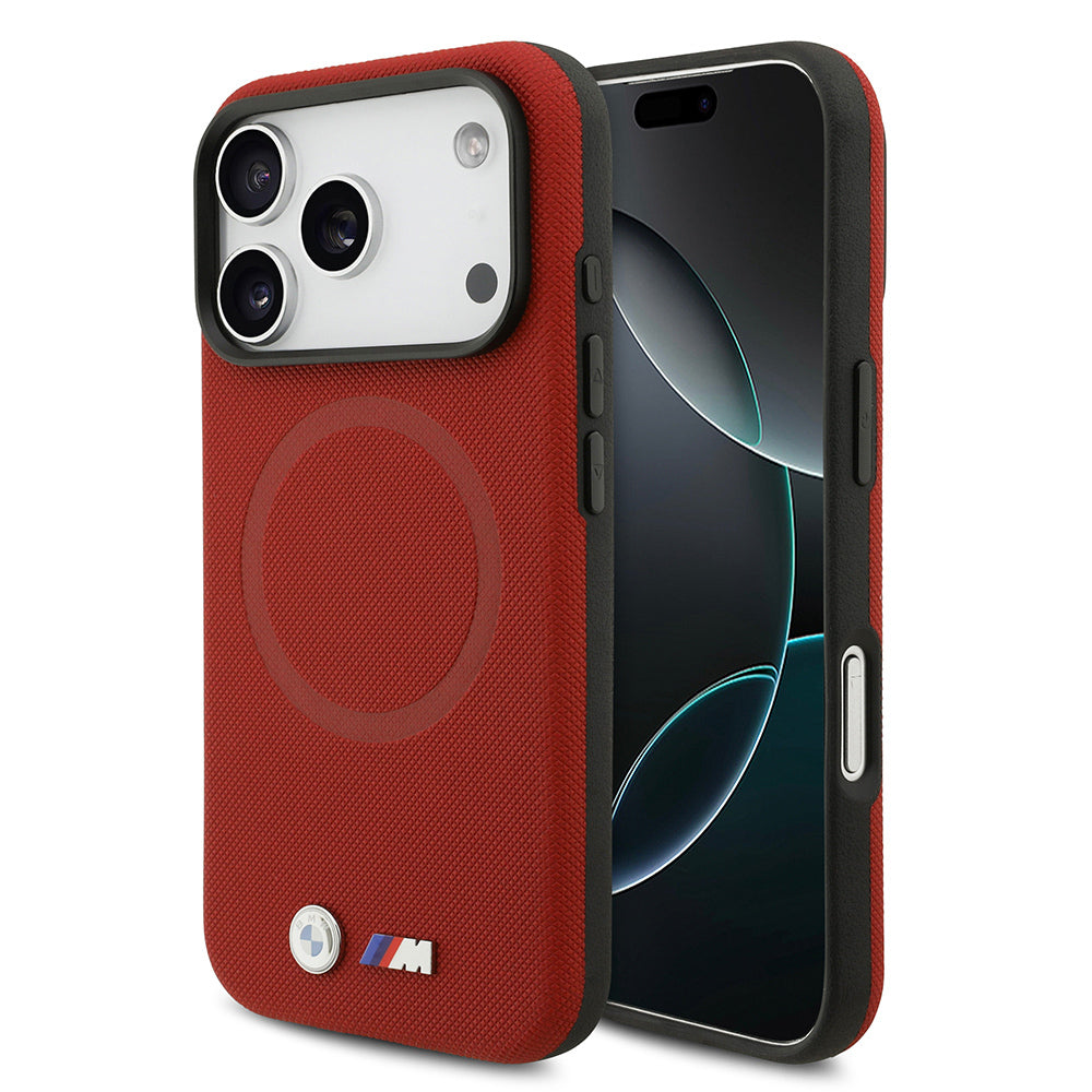 Apple iPhone 17 Pro Kılıf BMW Orjinal Lisanslı M-safe Şarj Özellikli Metal Logolu Delikli M Dizayn Deri Kapak Kırmızı