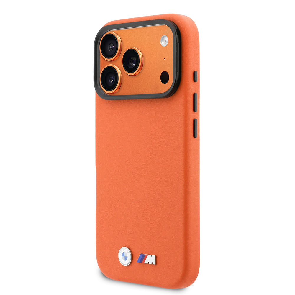 Apple iPhone 17 Pro Kılıf BMW Orjinal Lisanslı M-safe Şarj Özellikli Standlı Metal Kamera Çerçeveli M Logolu PU Deri Kapak Turuncu