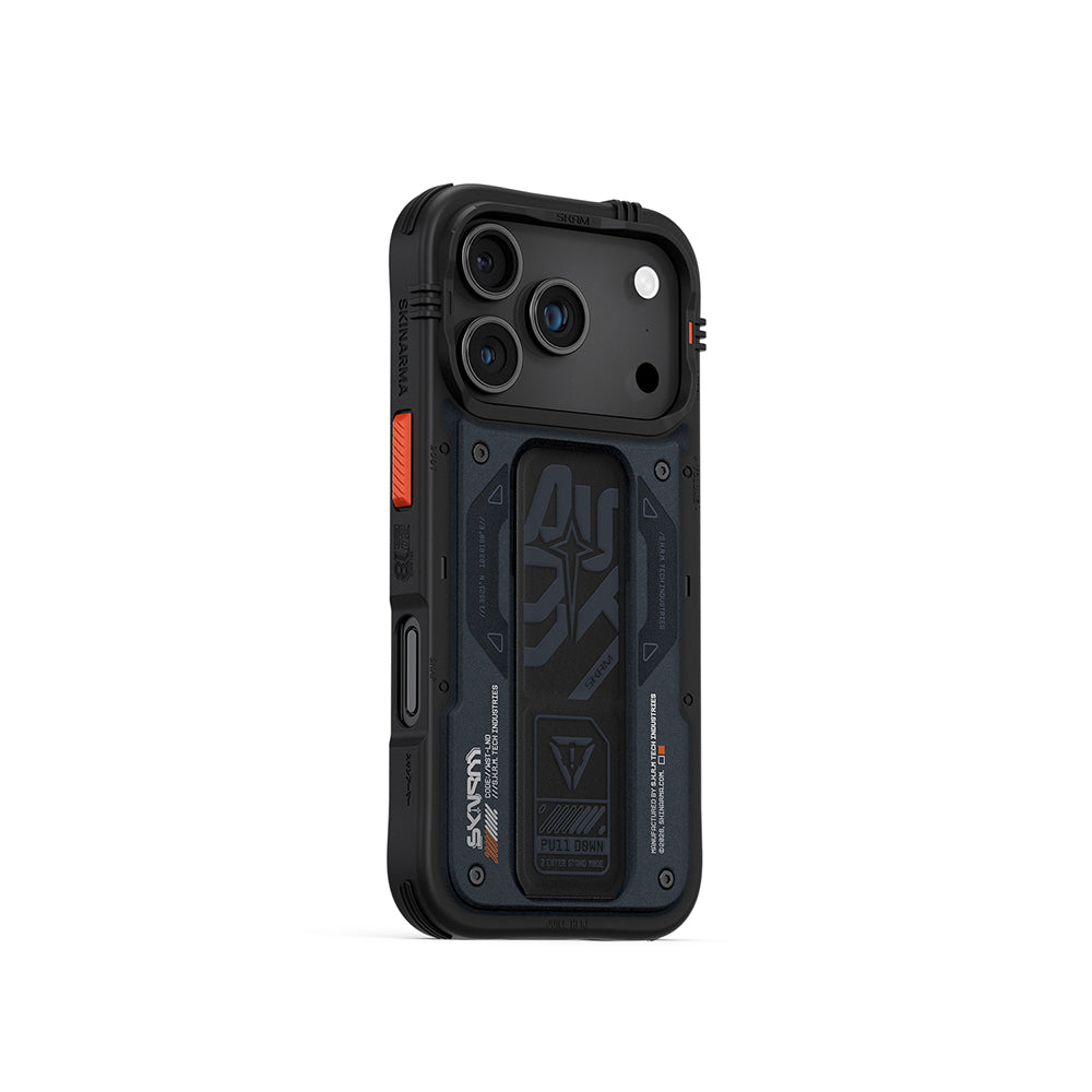 Apple iPhone 17 Pro Kılıf Desenli Airbag Tasarımlı Standlı Skinarma Aegis Kapak Lacivert
