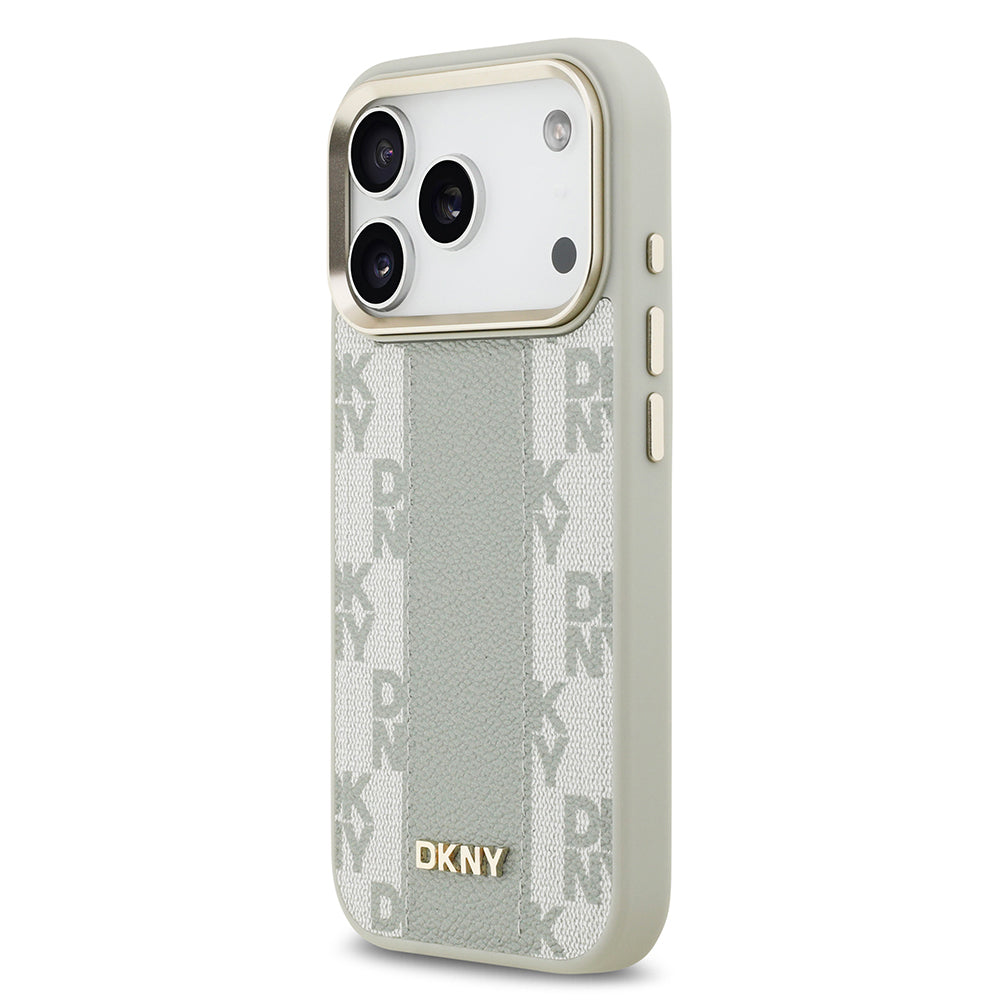 Apple iPhone 17 Pro Kılıf DKNY Orjinal Lisanslı M-safe Şarj Özellikli 3D Yazılı Checkered Pattern Kapak Bej