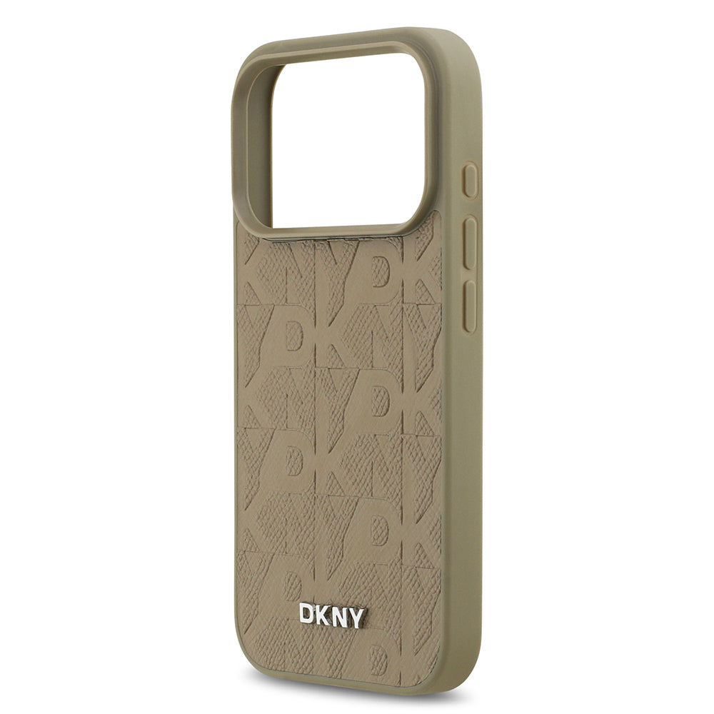Apple iPhone 17 Pro Kılıf DKNY Orjinal Lisanslı M-safe Şarj Özellikli 3D Yazılı Grid Pattern Kapak Kahverengi