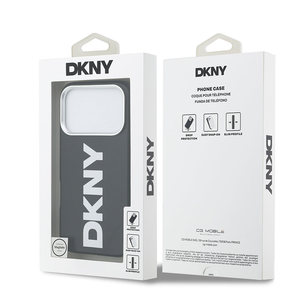 Apple iPhone 17 Pro Kılıf DKNY Orjinal Lisanslı M-safe Şarj Özellikli PU Büyük Dikey Logolu Kapak Siyah