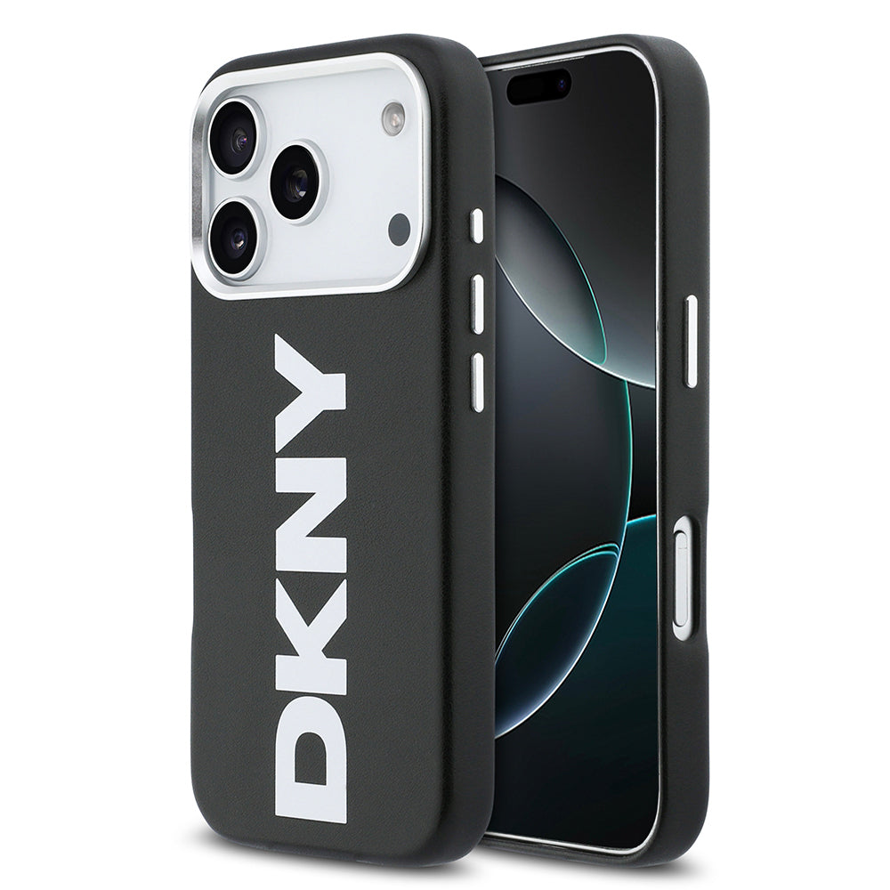 Apple iPhone 17 Pro Kılıf DKNY Orjinal Lisanslı M-safe Şarj Özellikli PU Büyük Dikey Logolu Kapak Siyah