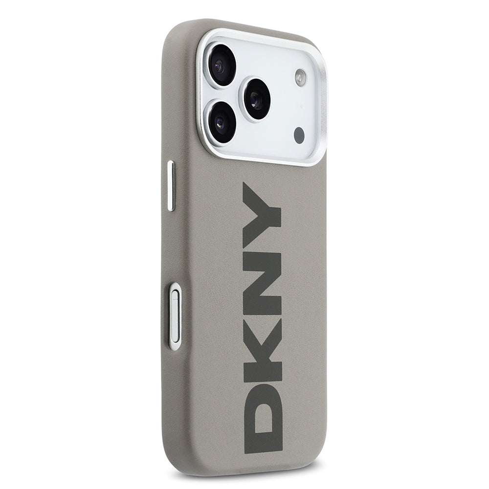 Apple iPhone 17 Pro Kılıf DKNY Orjinal Lisanslı M-safe Şarj Özellikli PU Büyük Dikey Logolu Kapak Bej