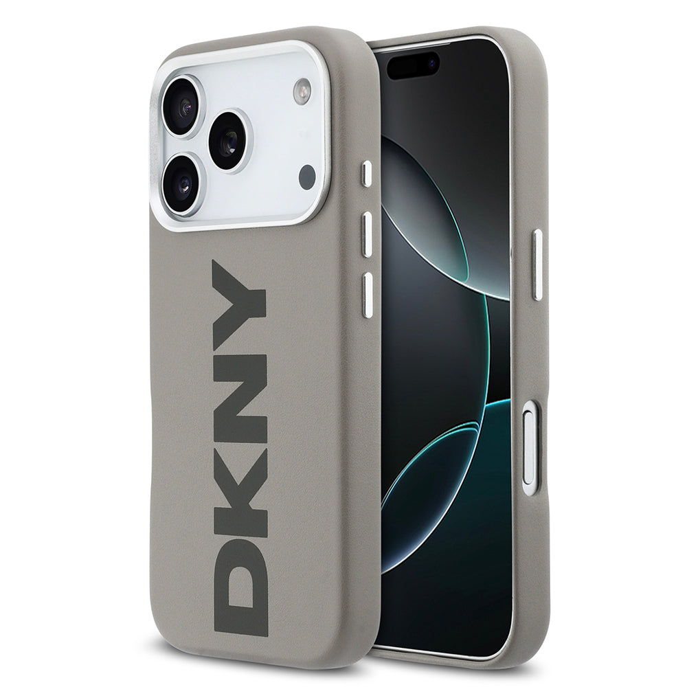 Apple iPhone 17 Pro Kılıf DKNY Orjinal Lisanslı M-safe Şarj Özellikli PU Büyük Dikey Logolu Kapak Bej