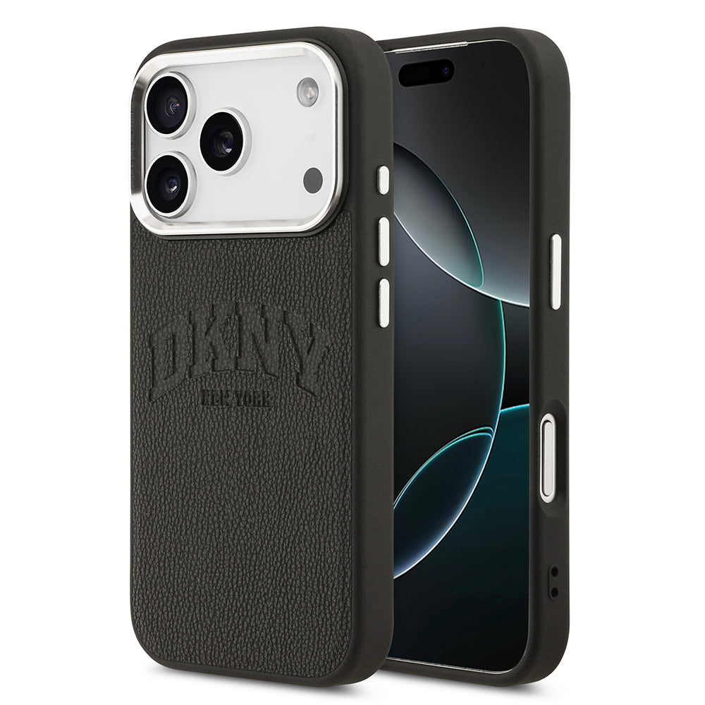 Apple iPhone 17 Pro Kılıf DKNY Orjinal Lisanslı M-safe Şarj Özellikli PU Deri Kabartmalı Kapak Siyah