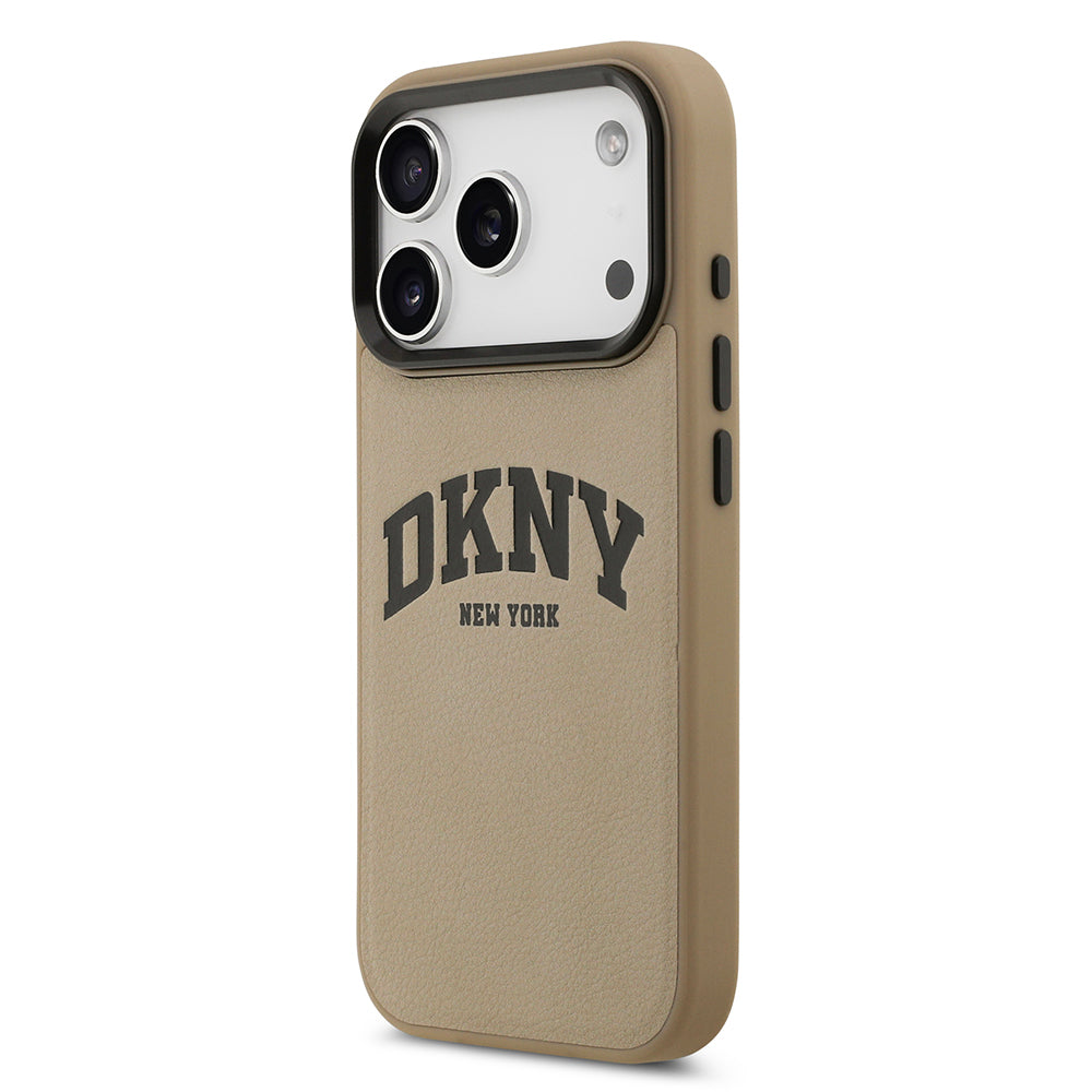 Apple iPhone 17 Pro Kılıf DKNY Orjinal Lisanslı M-safe Şarj Özellikli PU Deri Kabartmalı Kapak Bej